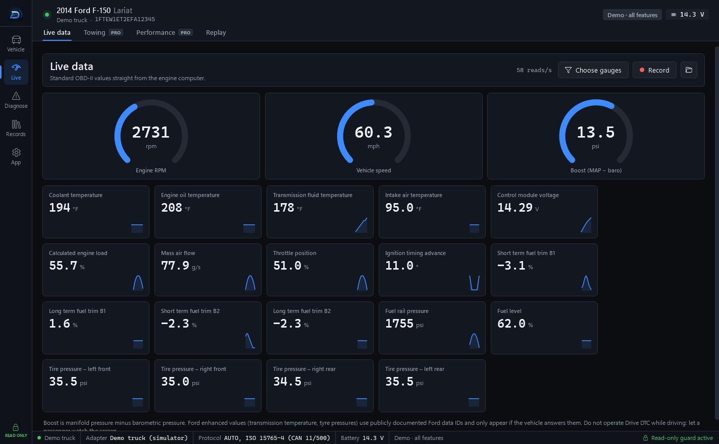 The Live data screen on the demo truck: RPM, speed and boost gauges above tiles for coolant, oil, transmission and intake temperatures, module voltage, engine load, mass air flow, throttle, timing, fuel trims, fuel rail pressure, fuel level and the four tire pressures, each with a small trace