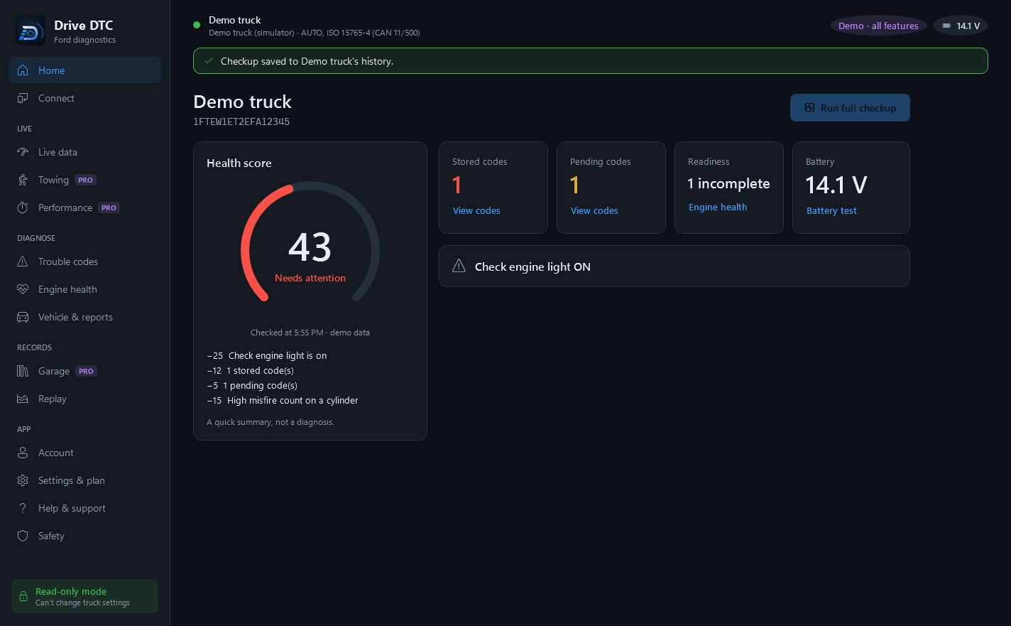 Drive DTC showing a health checkup with trouble codes, readiness and battery voltage