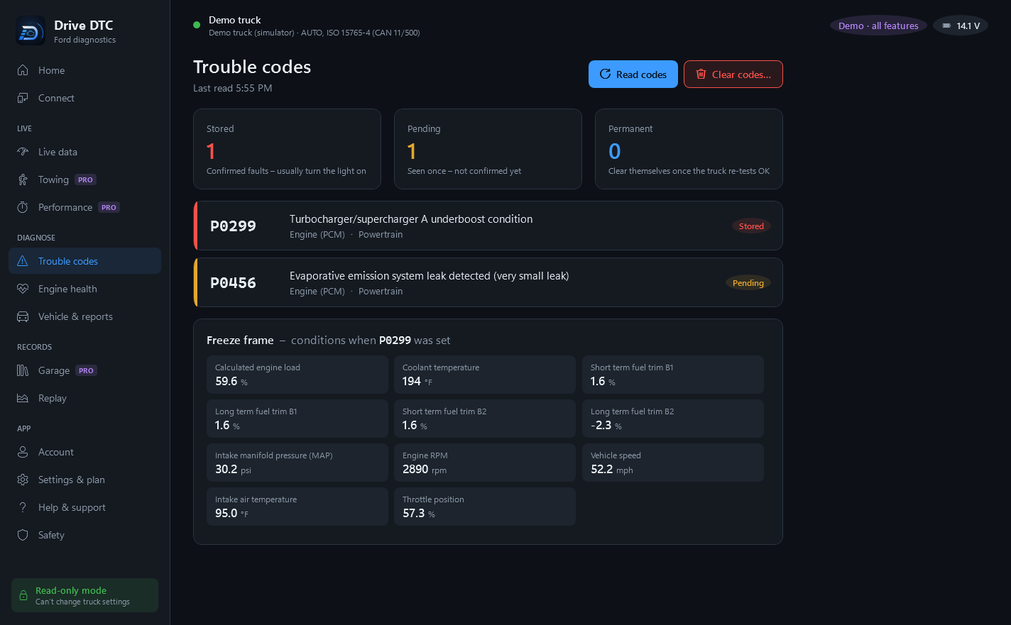 Trouble codes with freeze frame