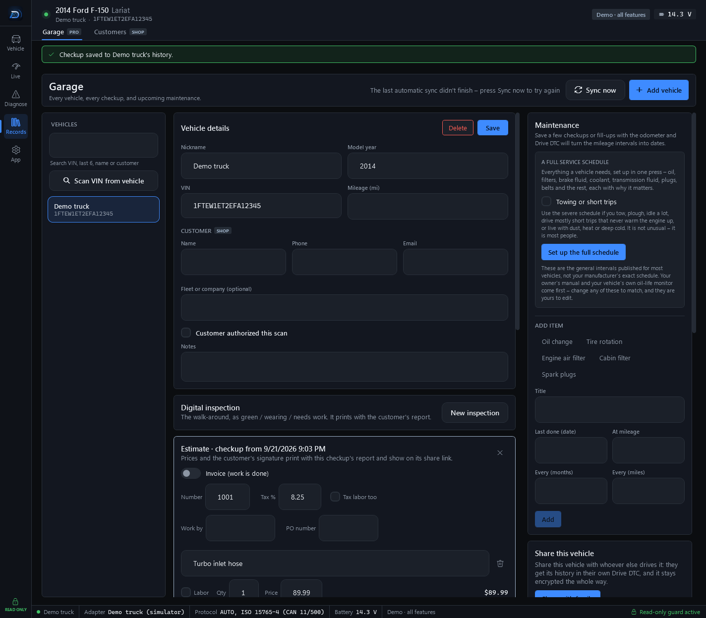 The Garage screen with the customer fields under the vehicle details and an estimate being written for the demo truck: number 1001, a tax rate, who did the work, a PO number, and a first line, Turbo inlet hose, at 89.99, next to the maintenance panel