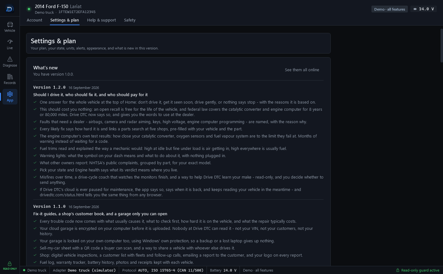 The Settings and plan screen showing What's new: the version 1.2.0 release notes, one line per change, above version 1.1.0