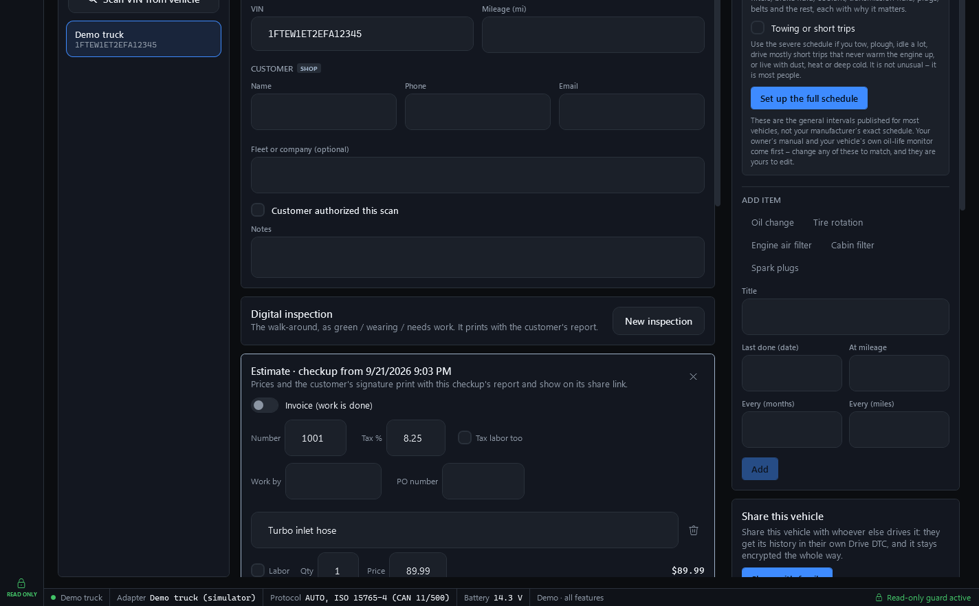 The Garage, scrolled to a vehicle's customer fields and, below them, an estimate for the checkup from 9/21/2026: an invoice toggle, number 1001, 8.25% tax, work-by and PO number fields, and a Turbo inlet hose line with quantity and price