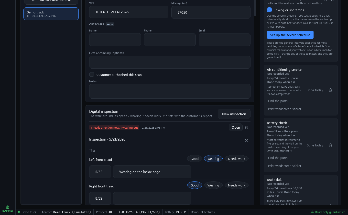 The Garage, scrolled to a vehicle's customer fields – name, phone, email, fleet or company, a Customer authorized this scan checkbox and notes – and the digital inspection below them, grading the left front tread 5/32 as Wearing with the note Wearing on the inside edge and the right front tread 8/32 as Good