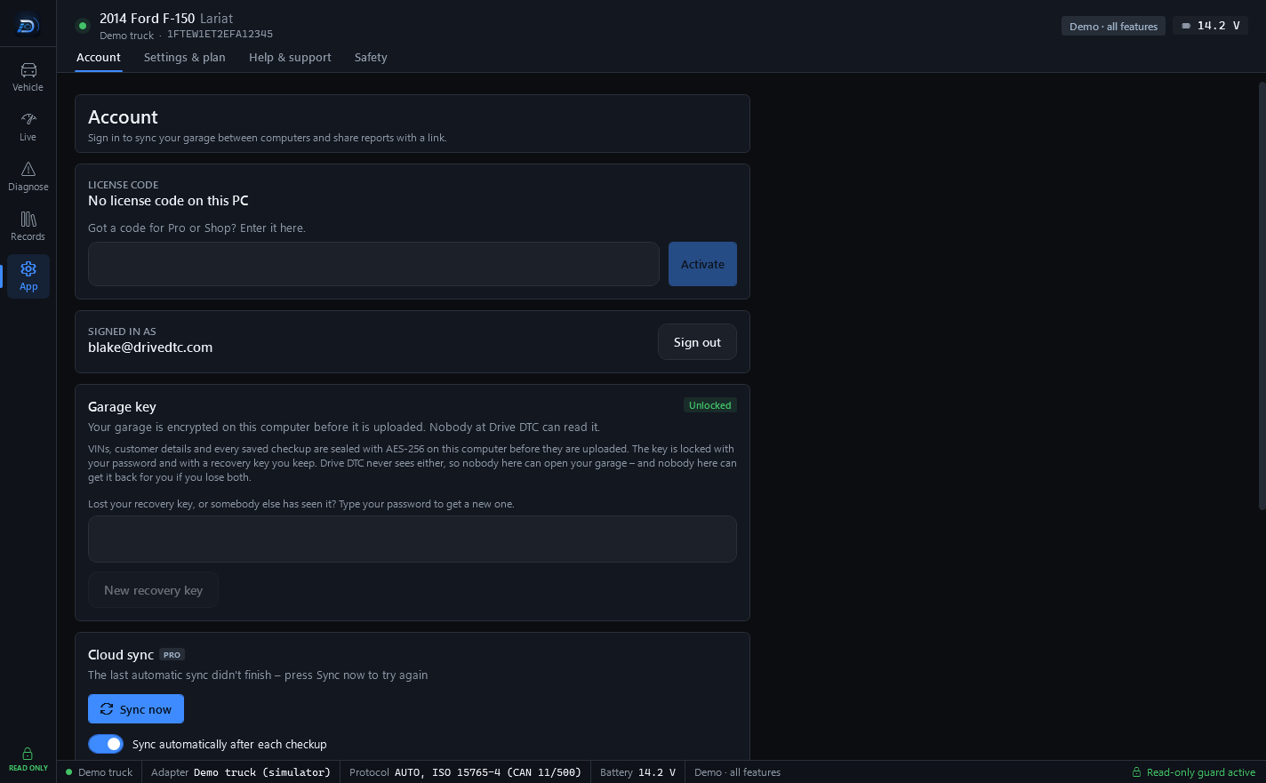 The Account page: the License code box, who is signed in with a Sign out button, the Garage key card marked Unlocked with a New recovery key button, and Cloud sync with Sync now