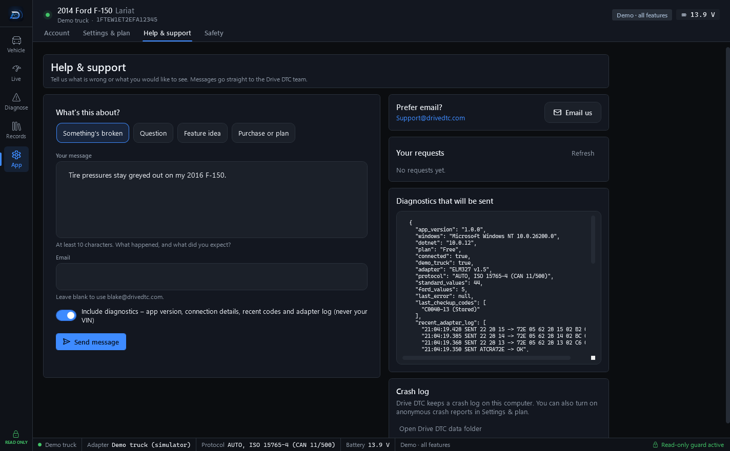 The Help & support page: What's this about? choices, a message box, an optional email, the Include diagnostics switch, Email us, Your requests, the Diagnostics that will be sent preview and the Crash log card