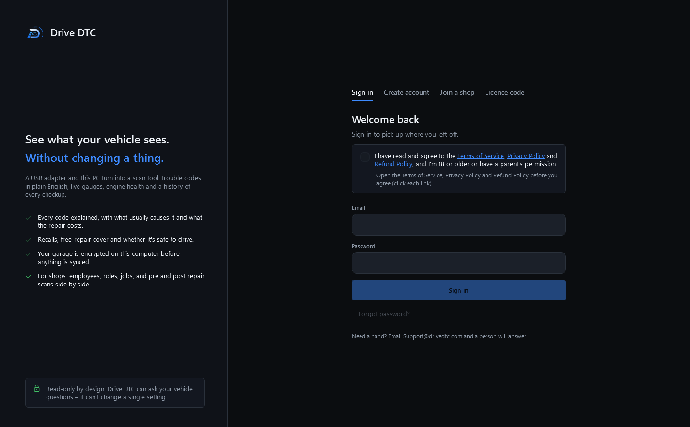 The Drive DTC welcome screen: Sign in, Create account, Join a shop and Licence code tabs, with the agreement checkbox above the email and password fields