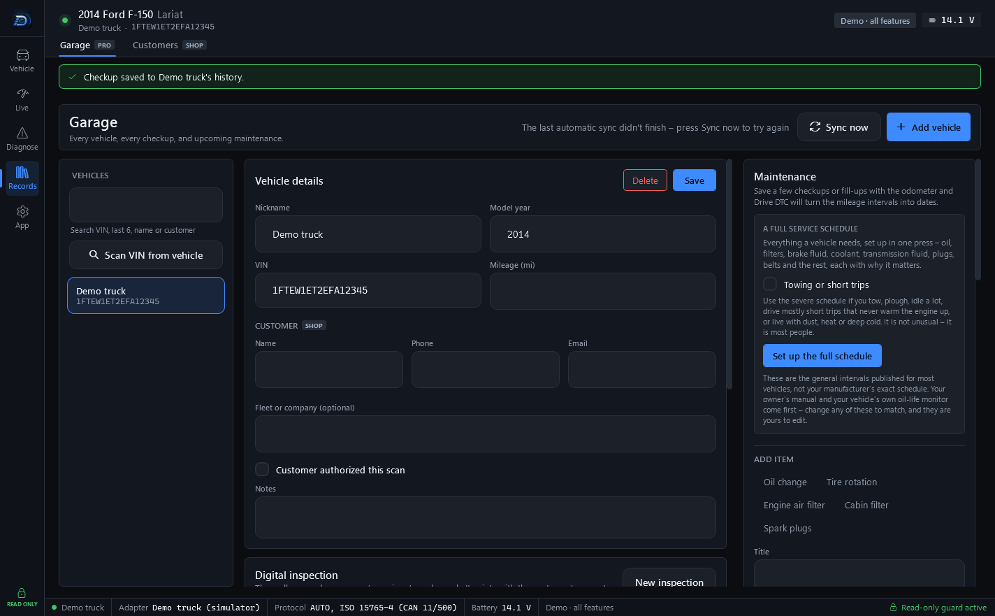 The Garage page: the vehicle list with VIN search, the demo truck's details and customer fields, the Digital inspection card and the Maintenance panel offering a full service schedule