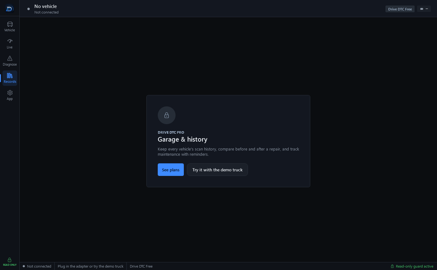 A locked Pro feature: the Garage & history card with See plans and Try it with the demo truck buttons