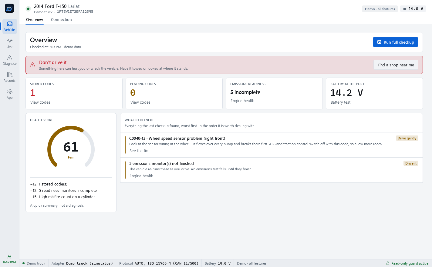 The Overview page in the light theme: a Don't drive it verdict with a Find a shop near me button, code and readiness counts, a health score of 61 and the what-to-do-next list