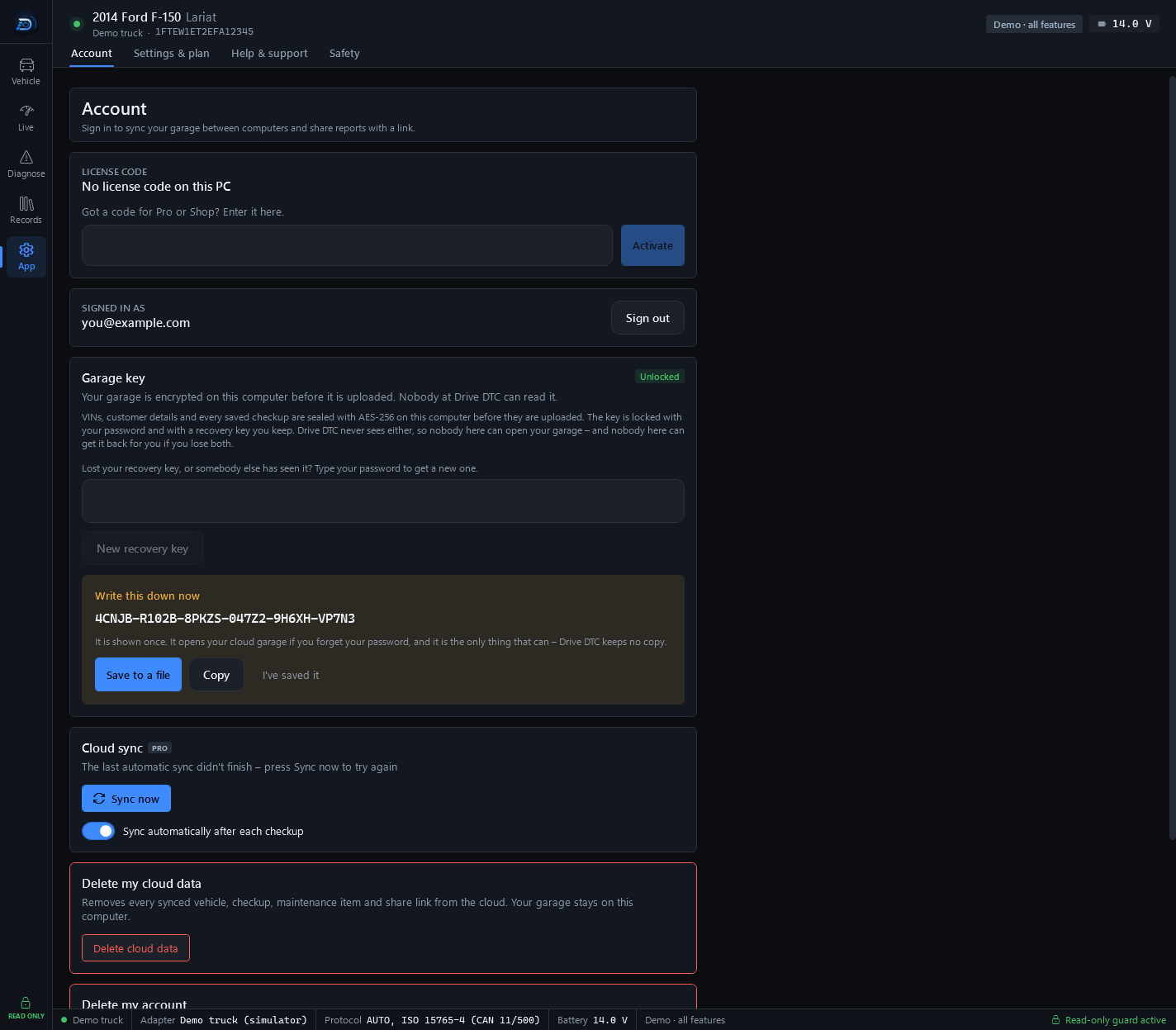The Account page showing a new recovery key in a Write this down now box with Save to a file and Copy buttons, then Cloud sync and the Delete my cloud data card