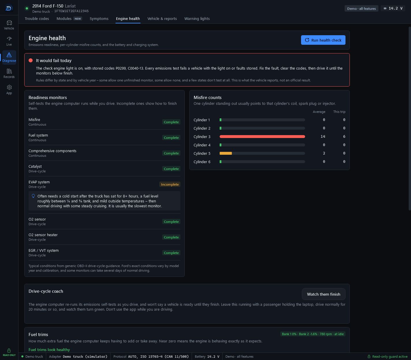 The Engine health page scrolled to show readiness monitors, misfire counts, the Drive-cycle coach with its Watch them finish button and the start of the Fuel trims card
