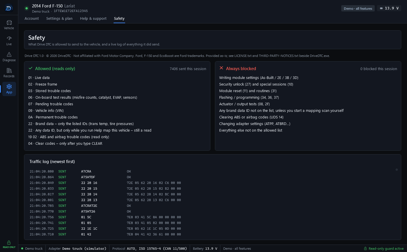 The Safety page: the Allowed (reads only) list, the Always blocked list, and the traffic log of every message sent to the adapter