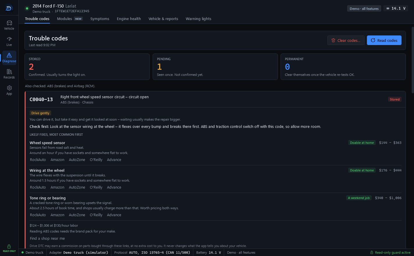 The Trouble codes page: stored, pending and permanent counts, then C0040-13 explained with a Drive gently verdict, what to check first, likely fixes in order with typical cost ranges, and Clear codes and Read codes buttons