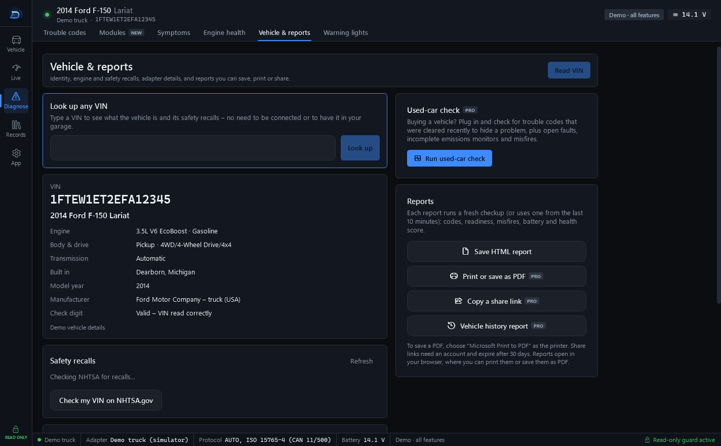 The Vehicle & reports page: Look up any VIN, the demo truck's VIN, engine, body and drive, and a Reports card with Save HTML report, Print or save as PDF, Copy a share link and Vehicle history report