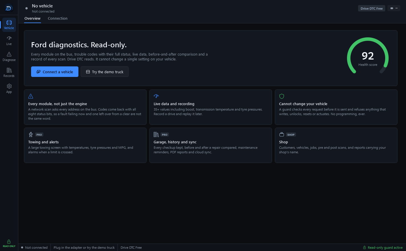 The Overview page before a vehicle is connected: Connect a vehicle and Try the demo truck buttons, a health-score dial and six cards describing what the app does