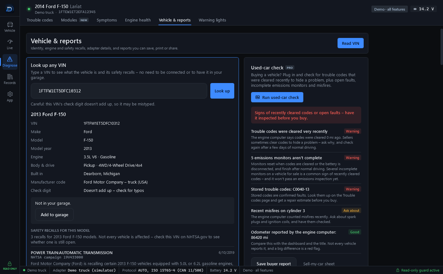 The Used-car check on the Vehicle & reports page: warnings that codes were cleared very recently and five monitors aren't complete, a stored code, recent misfires, and the odometer reported by the engine computer
