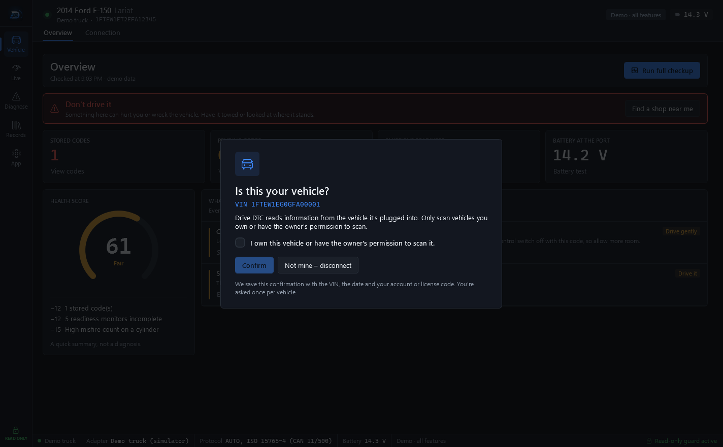 The Is this your vehicle? dialog over the Overview page: the VIN, the owner's-permission checkbox, and Confirm and Not mine – disconnect buttons